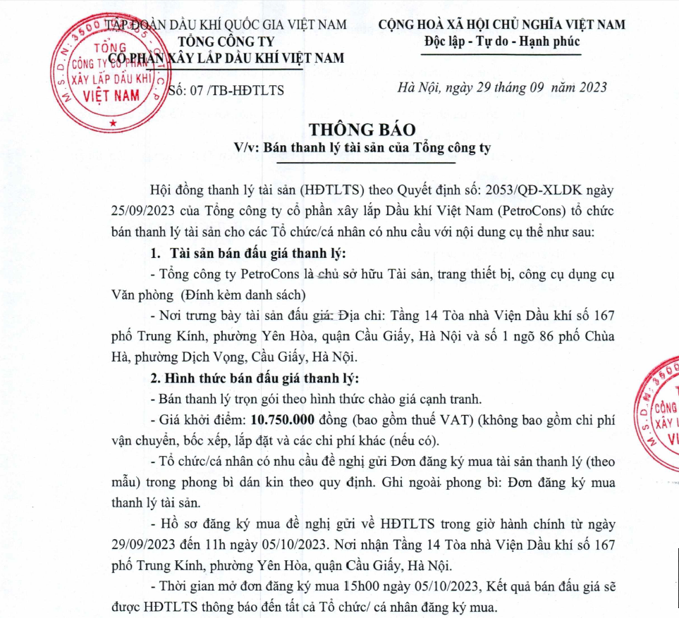Tổng công ty Cổ phần Xây lắp Dầu khí Việt Nam thông báo Bán thanh lý tài sản